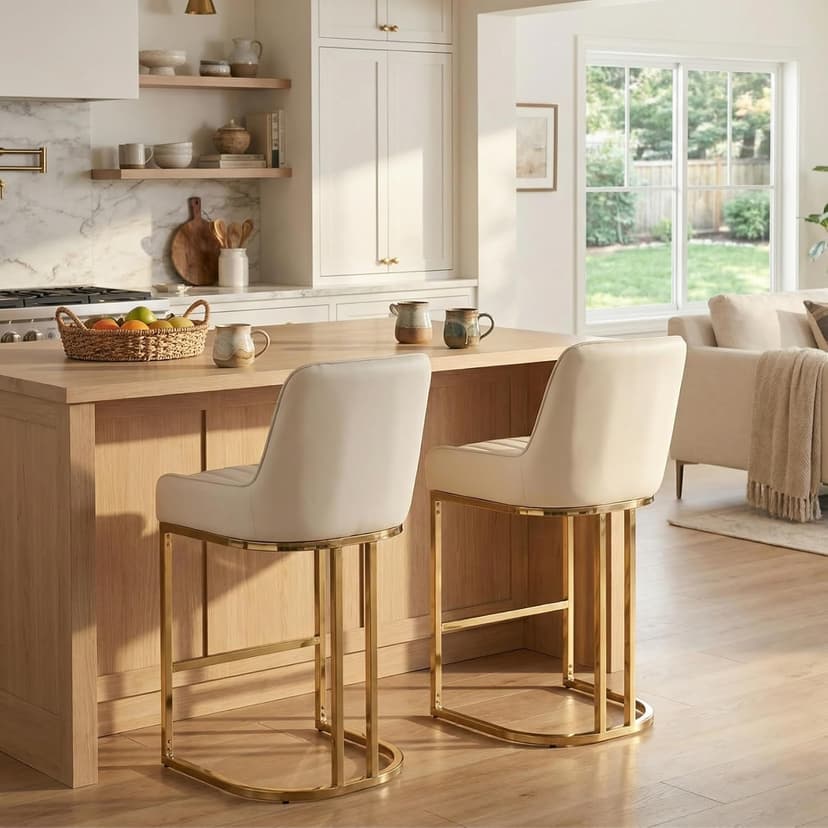 CIMOTA Counter Height Bar Stools Set of 2 with Back Modern Kitchen Counter Stools with Gold Legs Leather Island Chairs Comfy Stripe Barstools for Breakfast Bar, 26 Inch/PU Beige