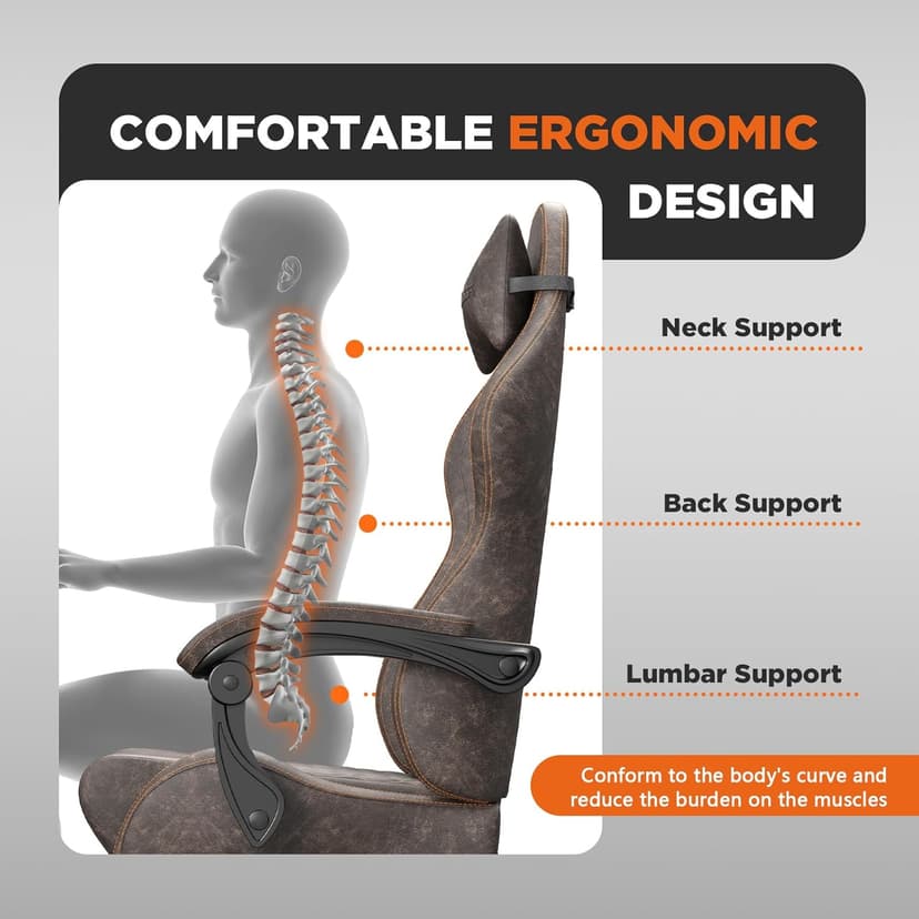 Ferghana Vintage PU Leather Gaming Chair, Ergonomic Gamer Chair with Massage, High Back Computer Office Chair with Footrest for Adults, Racing Style Reclining Video Game Chair (Brown)