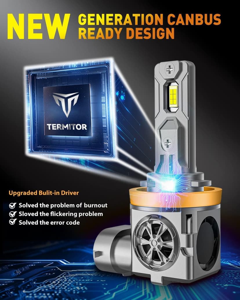 Termitor H11/H8/H9 & 9005/HB3 Light Bulbs Combo, 100,000LM 12X Ultra Brightness, Real 1:1 Mini Size, 6500K White 85000Hrs Long Life with Cooling Fan, 9005 H11 Fog Lights, Plug and Play, Pack of 4
