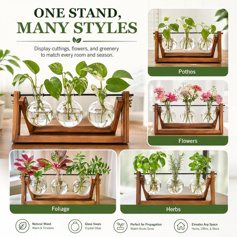 Unique Gardening Birthday Gifts for Women Plants Lovers, Home Office Garden Decor Planter - 3 Bulb Glass Vases Renmxj Plant Propagation Station, Plant Terrarium with Wooden Stand B096VDR4TM