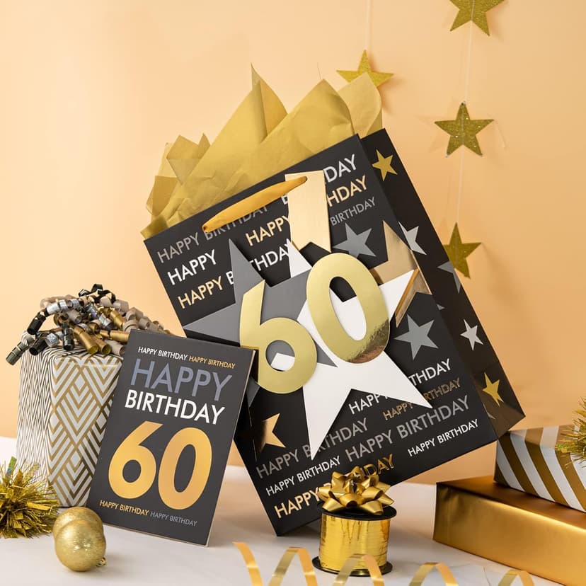 Loveinside Birthday Gift Bag with Tissue Paper and Greeting Card for 60 Birthday - 10" x 5" x 13", 1 Pcs, Black Gold
