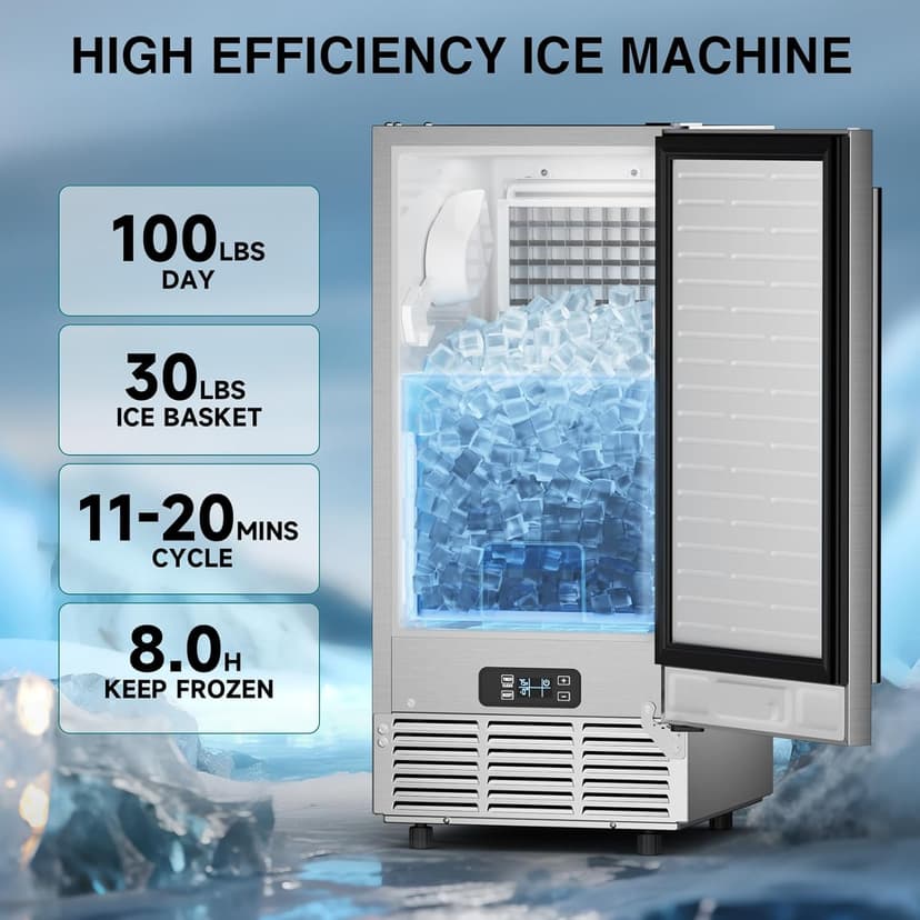 Mojgar ETL Approval Commercial Under Counter Ice Maker 100 Lbs/Day with 30 LBS Bin, 15" W Freestanding Built-in Ice Maker, Undercounter Ice Machine with Self Cleaning for Home/Bar/Restaurant，Silver