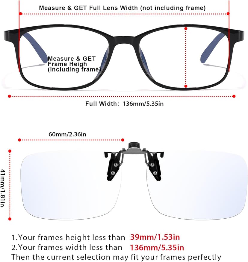 Trysee Rectangular Clip-On Flip-Up Blue Light Blocking Glasses for Eyes Strain/Light Sensitive TS309