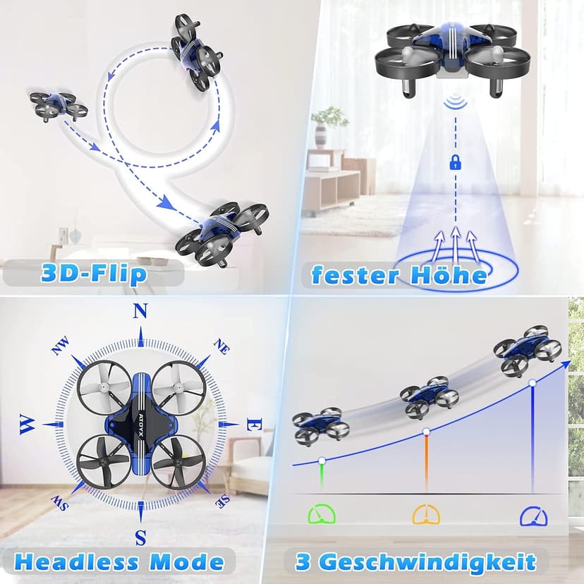 Mini Drone for Kids & Beginners, Indoor RC Nano Helicopter Quadcopter with Auto Hovering,3D Flips,Portable Hand Operated, Birthday＆ Children's Day Gift for Boys and Girls,Headless Mode & Remote Control,Blue.4-blade design-ATOYX