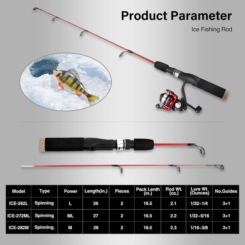 PLUSINNO Ultralight Winter Ice Fishing Rod Reel Combo 26/27/28 inch. Medium Light Fast Action Multi-Species Spinning Ice Fishing Pole Tackle Walleye Perch Panfish Bluegill-PP