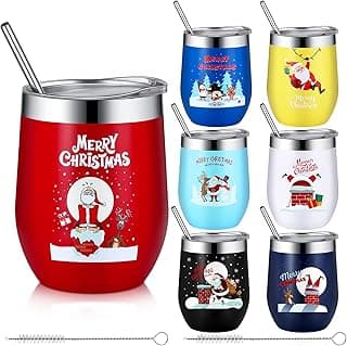 Layhit 7 Set Christmas Gifts Wine Tumbler with Lid Straw and Brush 12oz Insulated Stainless Steel Wine Cup Holiday Thank You Gift for Employee Coworker Operation Christmas(Classic Style)