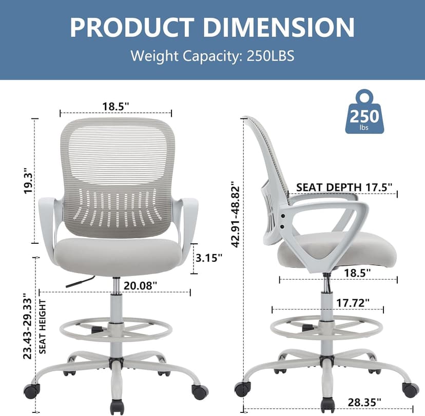 DUMOS Drafting Chair - Ergonomic Tall Office for Standing Desk, Counter with Height Adjustable and Comfortable Lumbar Support, Fixed Armrests, Grey
