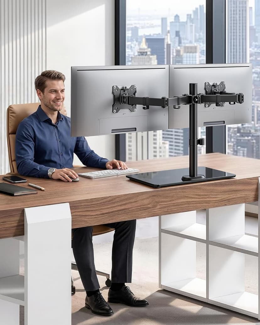 monTEK Freestanding Dual Monitor Stand with Sleek Glass Base for 17-32 inch Screens, Heavy-Duty Dual Monitor Mount Holds 22 lbs per Arm, Fully Motion Height Adjustable, VESA 75/100 MM