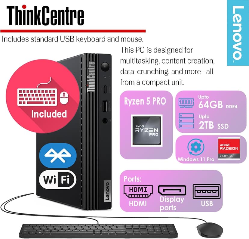 Lenovo ThinkCentre Mini Desktop, Ultra-Fast AMD Ryzen 5 PRO, 16GB RAM, 512GB SSD & 1TB HDD, Wi-Fi 6, Bluetooth5, USB-C, HDMI, Display Port, RJ-45, Windows 11 Pro – Tiny Computer for Everyday Tasks