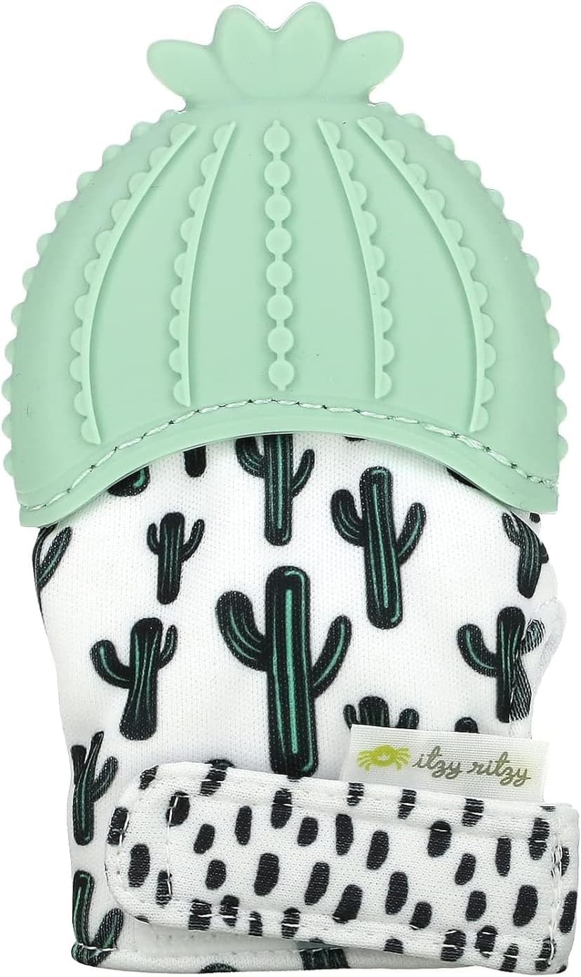 Itzy Ritzy Silicone Teething Mitt - Soothing Infant Teething Mitten with Adjustable Strap, Crinkle Sound & Textured Silicone to Soothe Sore & Swollen Gums - For Ages 3 Months & Up (Cactus)