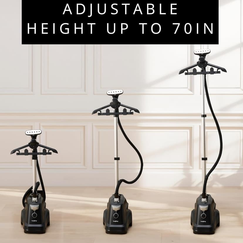 True & Tidy® Heavy-Duty Commercial Industrial Standing Garment Steamer for Clothes, 1800 watts, XL 3L water tank 90+ mins of Steam 3 Steam Settings, Step On/Off Control, Wheels for Easy Movement