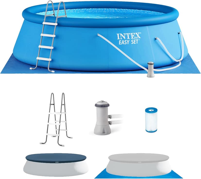 Intex 28167EH Easy Set Inflatable Swimming Pool Set: 15ft x 48in – Includes 1000 GPH Cartridge Filter Pump – Removable Ladder – Pool Cover – Ground