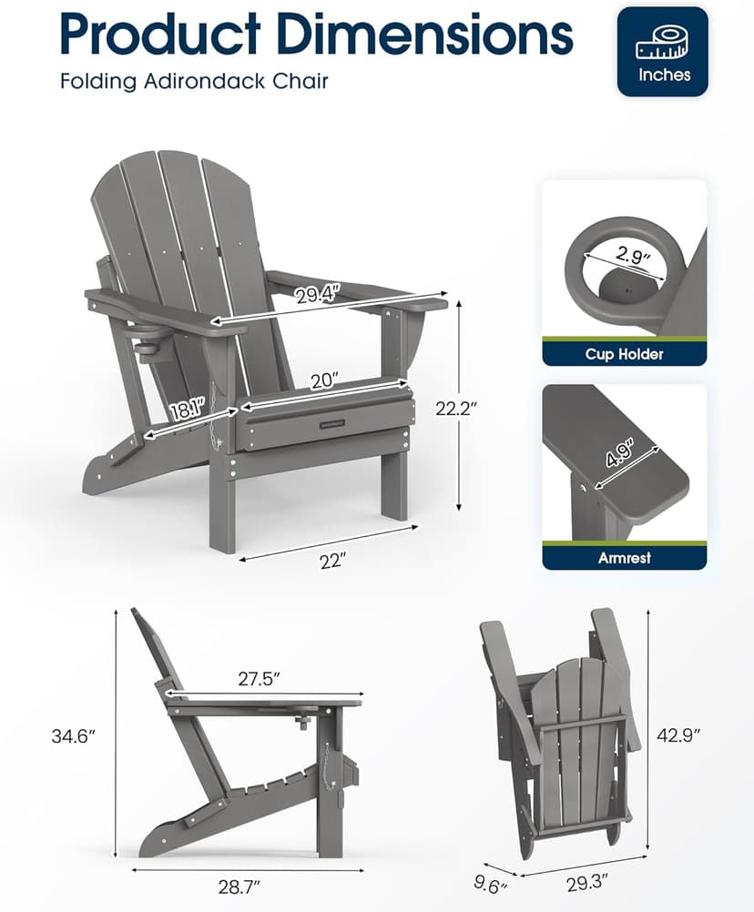 MUCHENGHY Folding Adirondack Chairs, Patio Chairs, Lawn Chairs, Outdoor Chair, Adirondack Chair Plastic, Fire Pit, Weather Resistant with Cup Holder for Deck, Backyard, Garden(Gray)