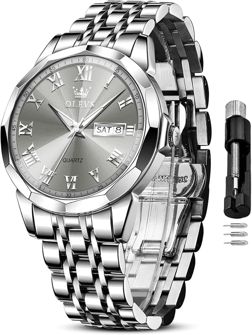 OLEVS Mens Silver Watches Luxury Waterproof Silver Watch for Men Analog Quartz Stainless Steel Men's Dress Watches Classic Casual Wrist Watch Large Face with Date Relojes para Hombres