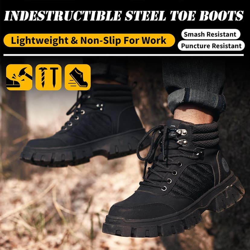 KELODON Waterproof Steel Toe Boots For Men-6 Inch Comfortable Mens Safety Work Boots Indestructible Steel Toe Shoes Lightweight Non Slip Puncture Resistant Industrial Construction Boot