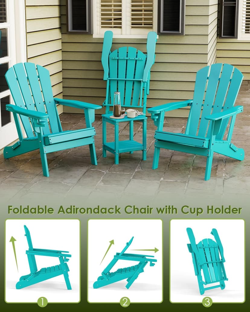 GREENVINES Folding-Adirondack-Chairs-Set-of-2 | w/Cup Holder | HDPE Plastic | All-Weather Patio Fire Pit Chairs | for Outdoor Poolside Deck | Aqua