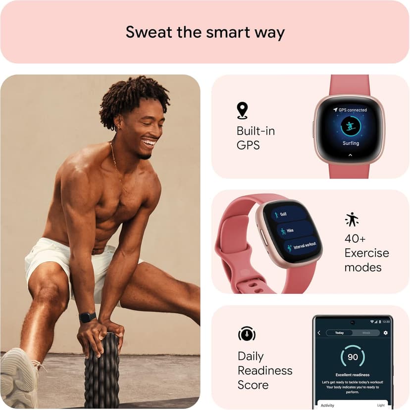 Fitbit Versa 4 Fitness Smartwatch with Daily Readiness, GPS, 24/7 Heart Rate, 40+ Exercise Modes, Sleep Tracking and more, Pink Sand/Copper Rose, One Size (S & L Bands Included)