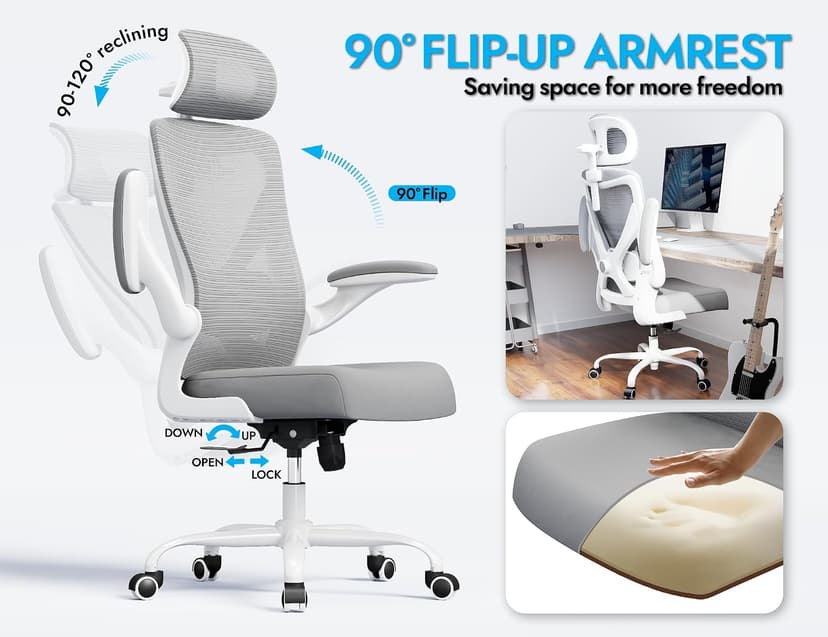 Ergonomic Office Chair: White Computer Desk Chair Comfy Gaming Chair for Adults - Office Chair with Lumbar Support & Headrest - Executive Office Rolling Chairs for Home Work (Grey)