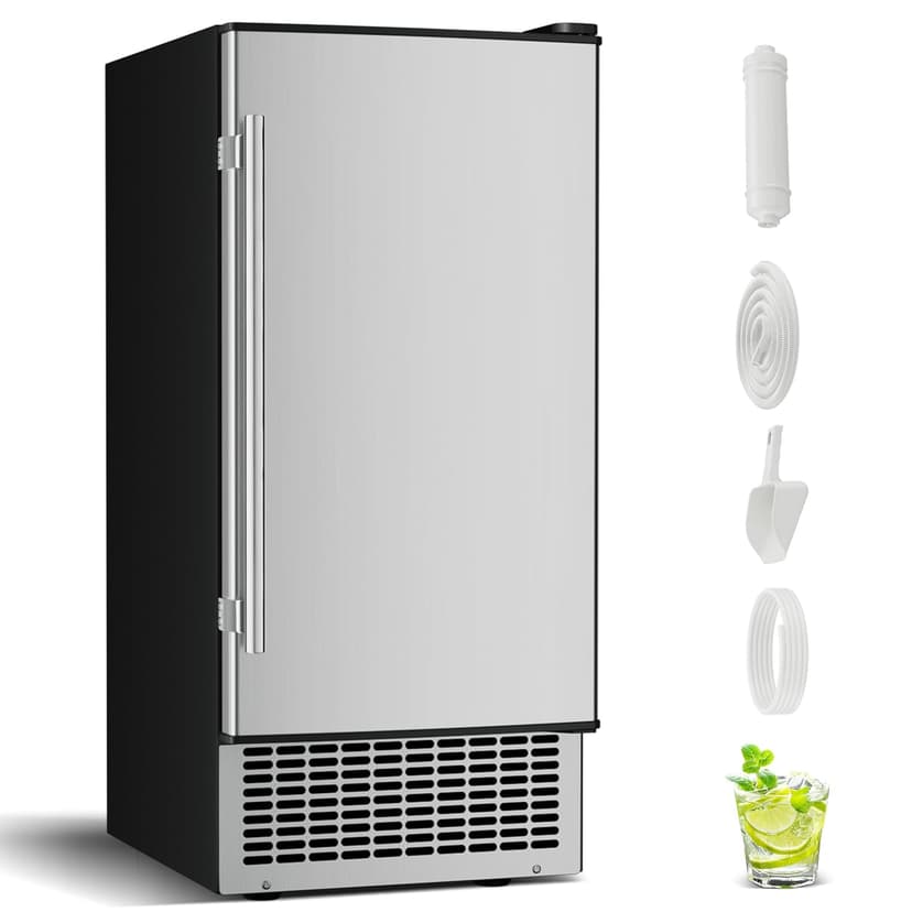 15'' Commercial Under Counter Ice Maker 110 LbS/Day Stainless Steel Ice Machine Built-in Freestanding Ice Maker with 30 Lb Bin Auto-Cleaning 24H Timer Gravity Drainage for Commercial Home