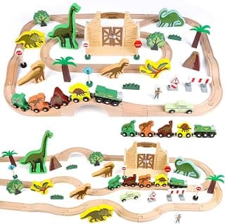 Wooden Train Set, Dinosaur Toys for Kids 3-5, Compatible with Major Brands, STEM Railway Playset, Ideal Wooden Train Track Set for 3 4 5 6 7 8 Year Old Kids Boy Girl