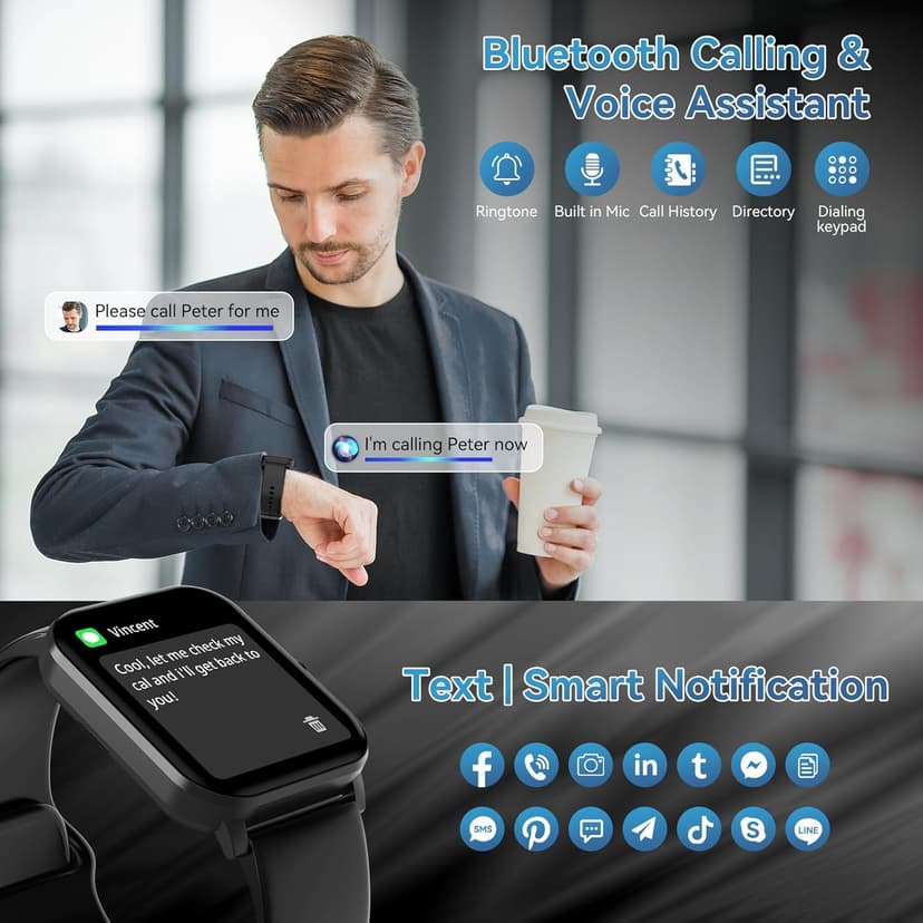 Smart Watch, 1.85" HD Smartwatch for Men Women (Answer/Make Calls), Fitness Watch with Heart Rate/Sleep/IP68 Waterproof/120+ Sports Modes, Pedometer, Android Smart Watch for Android iOS (Black)