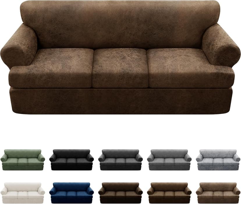 Pfrstuv 4-Piece T Couch Cover - Leather Look Slipcovers for 3 Cushion Sofa, Brown