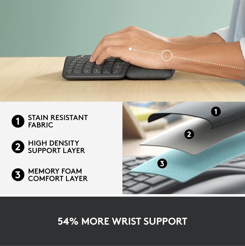 Logitech Ergo K860 Wireless Ergonomic Keyboard - Split Keyboard, Wrist Rest, Natural Typing, Stain-Resistant Fabric, Bluetooth and USB Connectivity, Compatible with Windows/Mac, Black