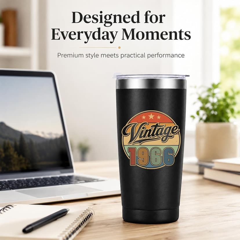 Vintage 1966 20 oz insulated tumbler for a 60th birthday; 18/8 stainless steel, leak-resistant lid, 6h hot/12h cold. 60th Birthday Gifts for Men 20oz Vintage 1966 Tumbler B0HDN44TTW