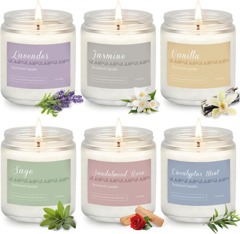 Lavender, Jasmine, Vanilla, Sage, Sandalwood Rose & Eucalyptus Mint. 42 oz 300 Hour Burn for Home, Baths, Yoga & Self-Care Scented Candles Gift Set for Women, 6-Pack Aromatherapy Candles for Home B0CHYWN5W6