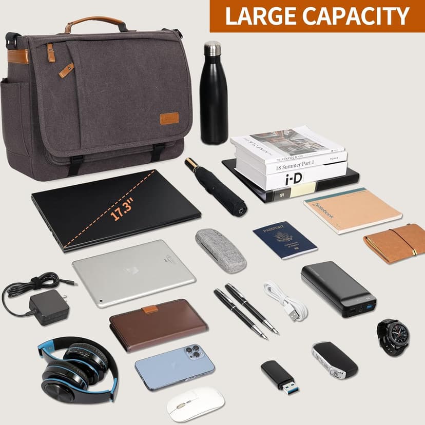 ESTARER Men Messenger Bag 17-17.3 Inch Laptop Bag Water-resistant Canvas Computer Shoulder Bag Briefcase for Work College Travel, Grey