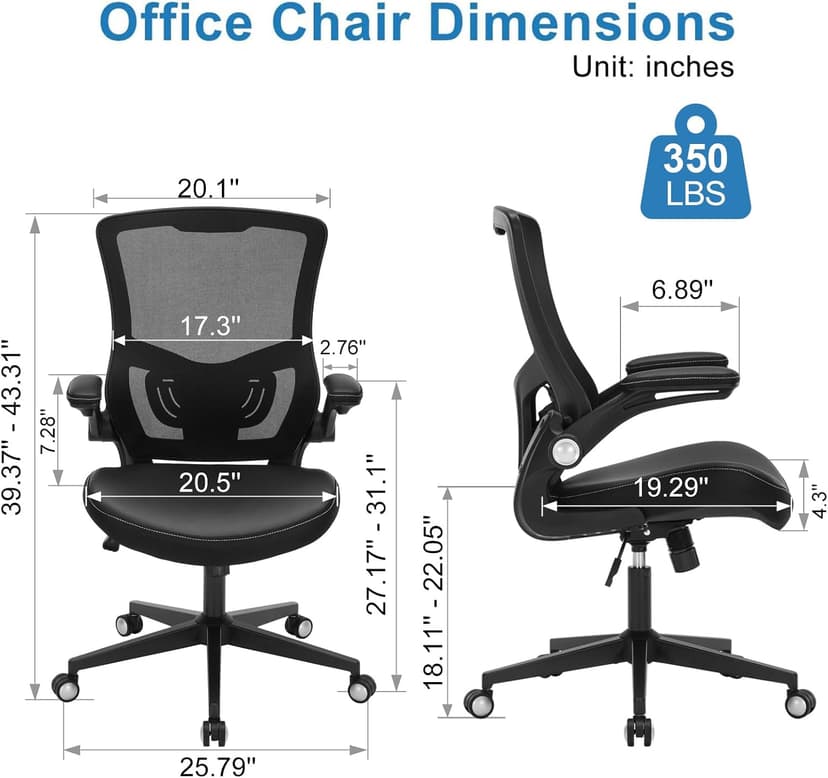 Office Chair Ergonomic Desk Chair 350lbs Comfy Mesh Computer Chair with Adjustable Lumbar Support Flip-up Armrests, Executive Rolling Swivel Comfy Task Chair for Home Office