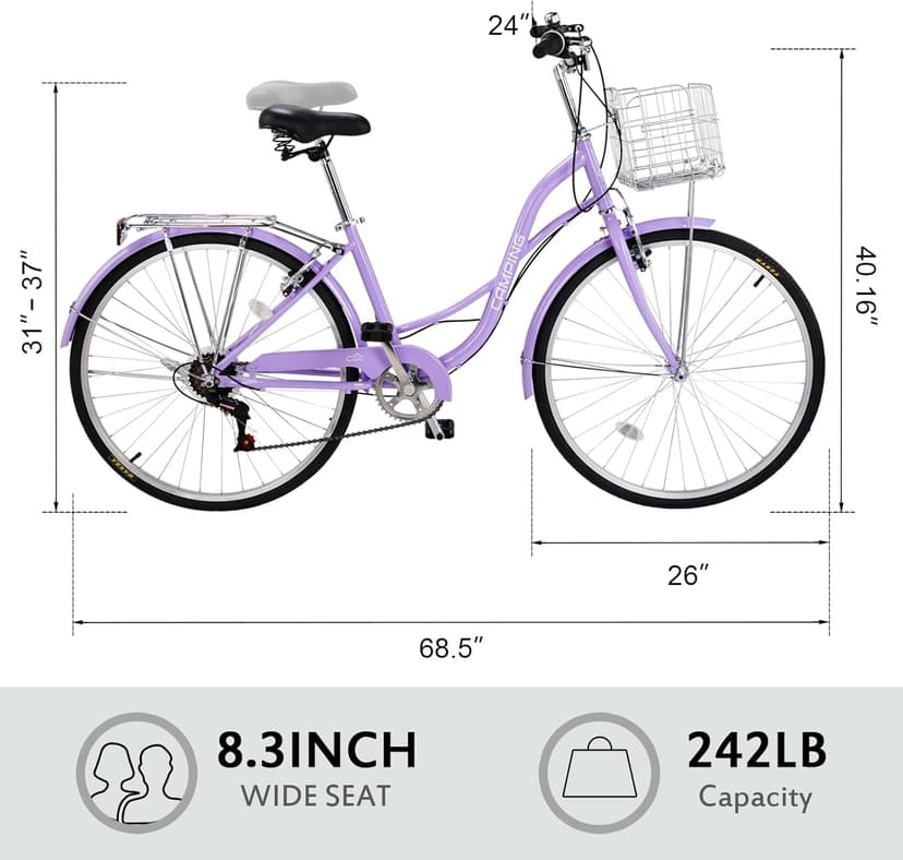 26" Cruiser Bike Commuter Bike 7 Speed Women's Bicycle Beach Cruiser with Ergonomic Upright Design, Adjustable Saddle, Dual Fenders & V Brake and High Carbon Steel Frame