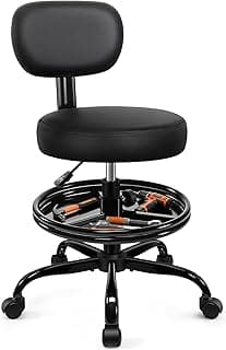 Shop Stool with Wheels for Garage, Mechanics Rolling Chair with Backrest, Adjustable Height Heavy Duty Garage Stool with Footrest and Storage Tray, Swivel Task Chair for Workshop Kitchen Salon