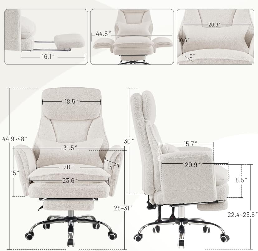 Furniliving Criss Cross Office Chair with Armrests & Wheels, Big and Tall Office Chair with Footrest, Flip Armrests for Pets, Wide Seat Cross Legged Desk Chair, Ergonomic Computer Chair, Teddy, White