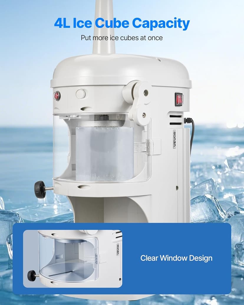 VEVOR Commercial Ice Shaver Crusher, 220lbs/hr Electric Fluffy Ice & Snow Cone Machine, 250W 1500RPM Tabletop Fluffy Shaved-Ice Machine for Parties Events Snack Bar, Home and Commercial Use (White)