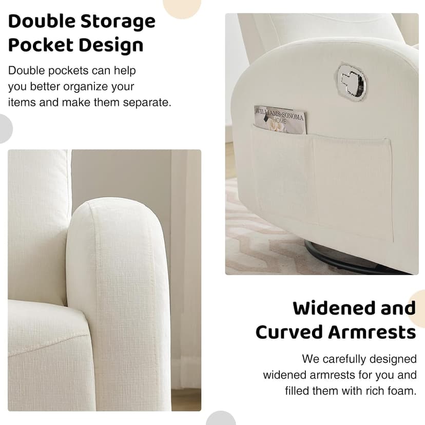 Rocking Recliner Nursery Chair, Swivel Recliner Glider for Nursery with 2 Pockets, Reclining Rocking Chair, Manual Recliners for Living Room, Bedroom, Cream White Chenille