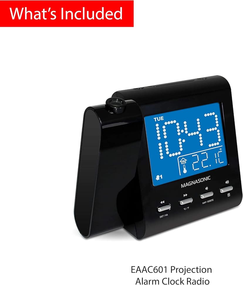 Magnasonic Projection Alarm Clock with AM/FM Radio, Battery Backup, Auto Time Set, Dual Alarm, Nap/Sleep Timer, Indoor Temperature/Date Display with Dimming & 3.5mm Audio Input - Black (EAAC601)