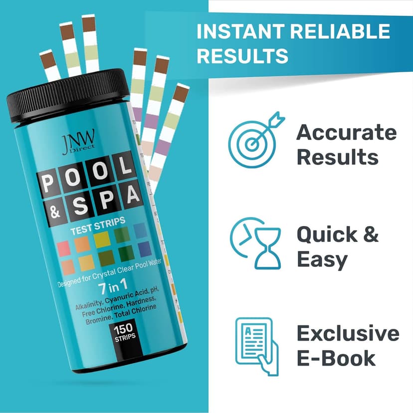 JNW 7-in-1 Pool Test Strips, 150 Quick & Accurate Test Strips for Pool Water, Spa Test Strips for Hot Tub, Chlorine Test Strips, Bromine, pH, Alkalinity, Hardness & More - Swimming Pool Test Kit