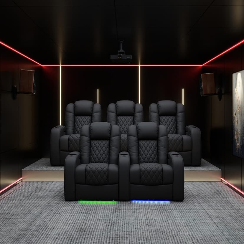 Weilianda Home Theater Seating Top Grain Leather, Zero Gravity Movie Theater Chairs Set, Power Headrest Recliner Chair Gaming Seats, 7 Colors Mood Light Sofa with Tray Table USB Charge Row of 3 Black