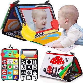 Tummy Time Baby Mirror Infant Toys Newborn 0 3 Months Brain Development with Crinkle Cloth Book Teether Black and White High Contrast Baby Toys 2 4 5 0-6 Month Boys Girls Sensory Activity Shower Gifts