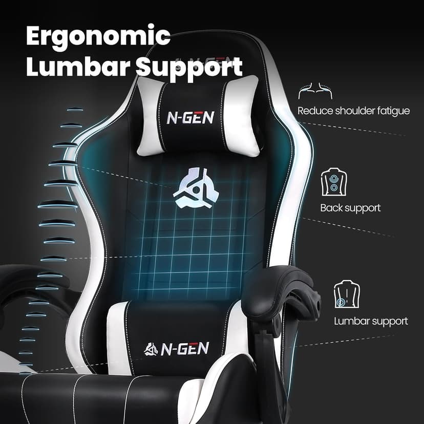 N-GEN GAMING Video Gaming Chair with Footrest Lumbar Support for Home Office High Back Recliner Height Adjustable Ergonomic Comfy Leather Computer Desk Chair (White)