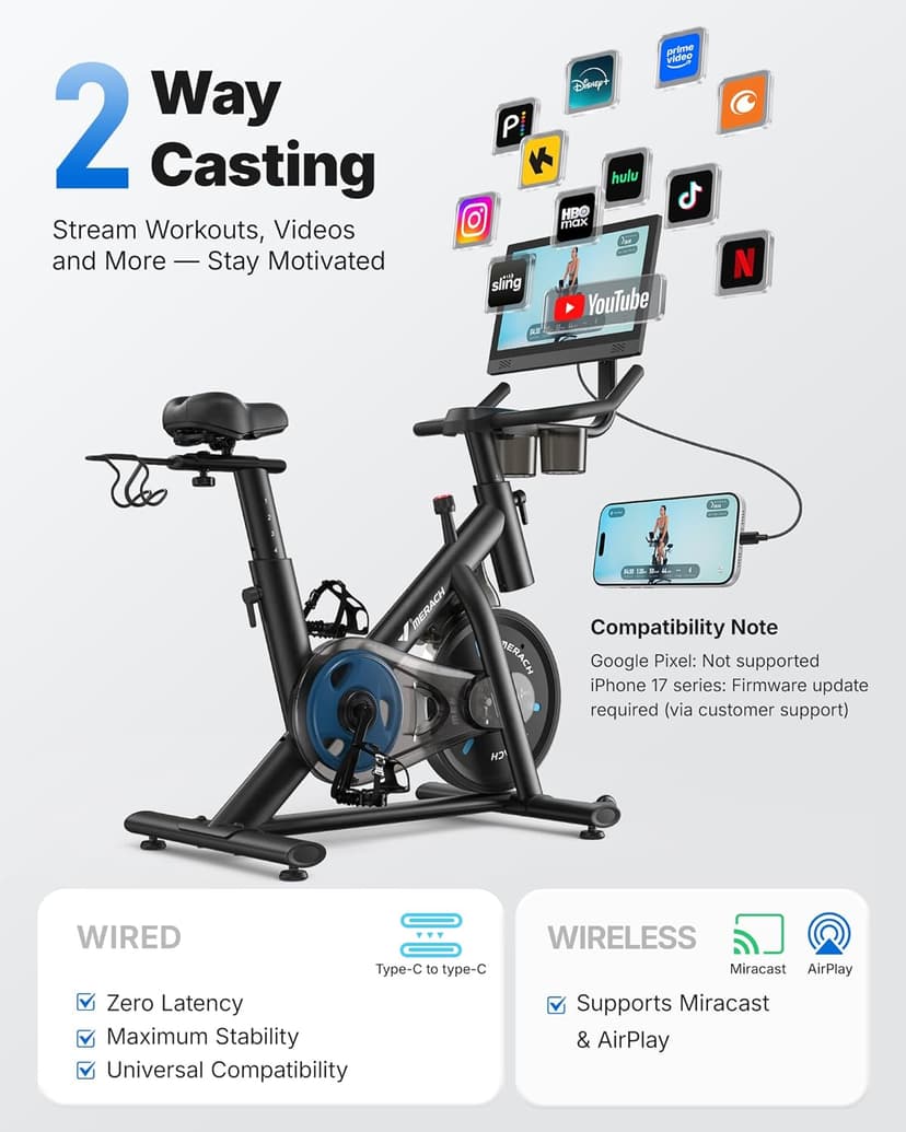 MERACH Exercise Bike, Brake Pad Stationary Bike with Exclusive App, Low Noise Indoor Cycling Bike with 300lbs Weight Capacity, Tablet Mount and Fitness Courses for Weight Loss