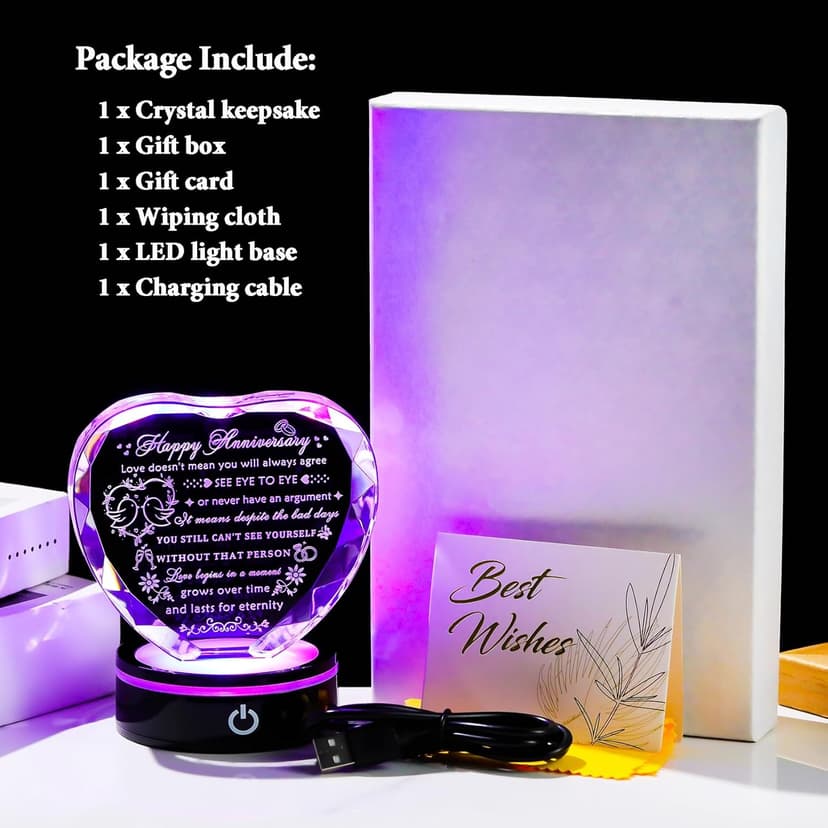 YWHL Wedding Anniversary Crystal Heart Gifts for Couple Parents, Happy Anniversary Marriage Gifts for Wife Husband Him Her Men Women with LED Base Romantic Presents for Girlfriend Boyfriend