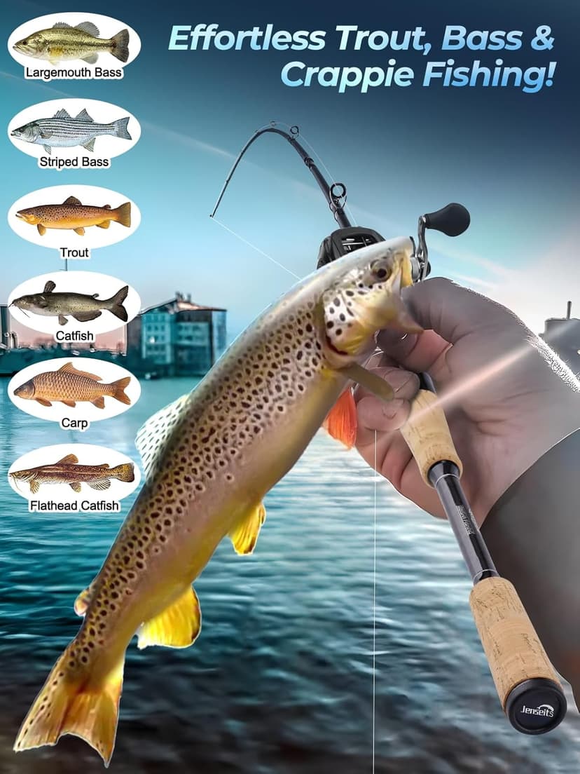 Jenseits 2Piece Carbon Fiber Spinning & Casting Fishing Rod, Ultra-Sensitive Lightweight, Stainless Steel Ceramic Guides, Cork & EVA Handle, Fast & Extra Fast Action, Bass Trout Freshwater Fishing Rod