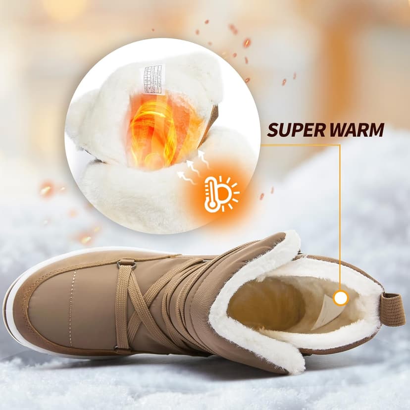 Rominz Women's Winter Snow Boots - Waterproof Black Fur Lined Warm Mid Calf Non-Slip Ankle Boots - White Lace-Up Platform