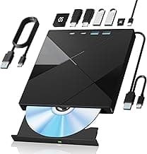 Wbacon 7 in 1 External CD/DVD Drive for Laptop, Portable DVD Player for Laptop with SD/TF Port, External DVD Drive with USB 3.0/Type C, CD Drive USB for PC Windows Linux