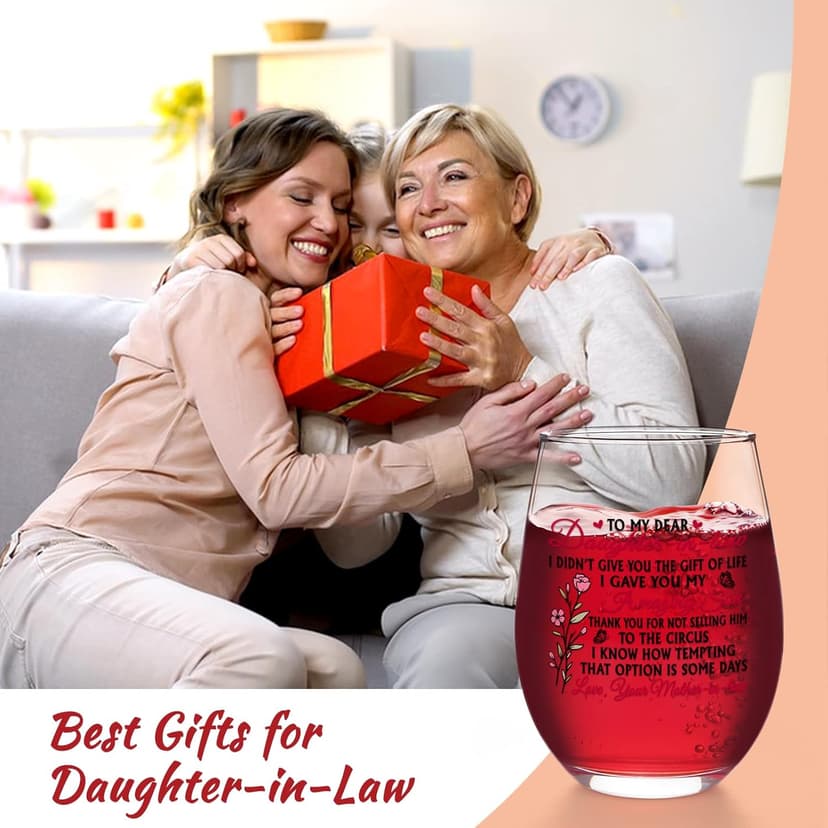 Futtumy Funny Daughter in Law Gifts, To My Dear Daughter-in-laws Stemless Wine Glass for Son's Wife, Mothers Day Birthday Christmas Gifts from Mother-In-Laws, 17 oz