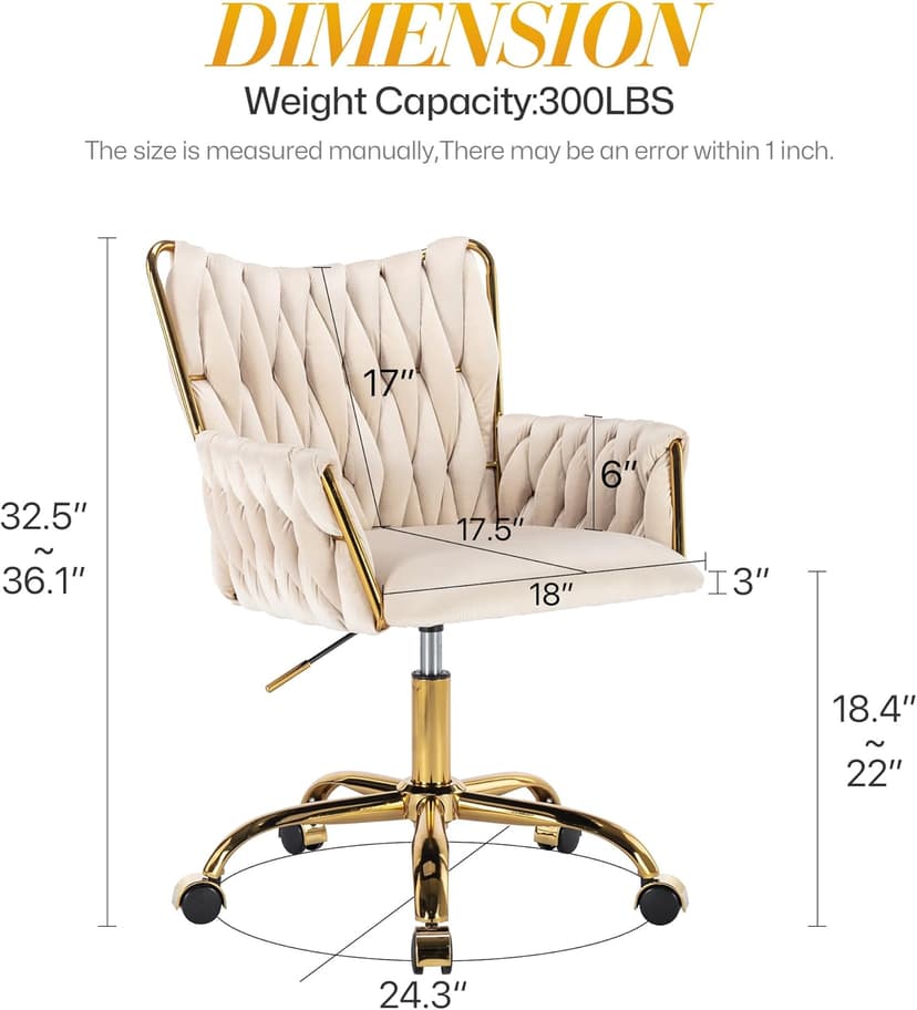 KCC Modern Velvet Home Office Desk Chair with Hand Woven Backrest, Upholstered Adjustable Makeup Vanity Chair with Armrest and Golden Metal Base with Wheels for Living Room Bedroom Study(Beige)