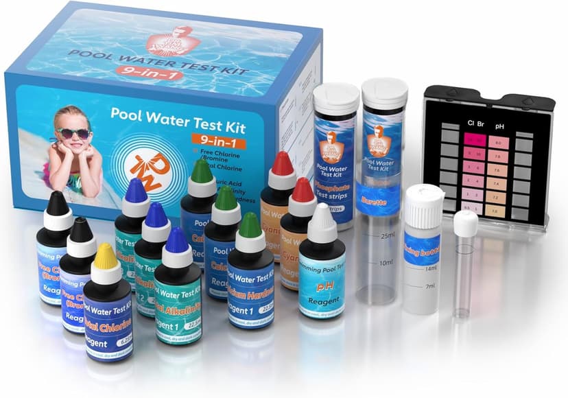 9 Way Pool Test Kit - Hot Tub and Spa Water Chemical Test Kit for pH & Total Chlorine & Free Chlorine & Bromine & Total Alkalinity & Calcium Hardness & Cyanuric Acid & Copper & Phosphate