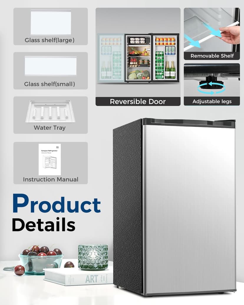 Feelfunn Mini Fridge with Freezer - 3.2 Cu.Ft Single Door Mini Refrigerator with Adjustable Thermostat, Low Noise, Energy Saving, Small Fridge for Bedroom, Apartment, Dorm, Classroom, Office - Silver